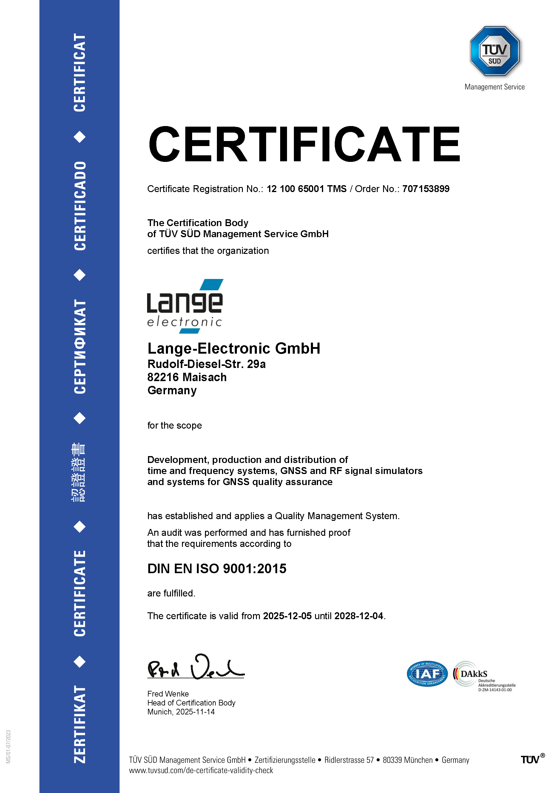 ISO9001:2015 Zertifikat Lange-Electronic